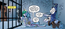 Size: 1334x607 | Tagged: safe, artist:andy price, idw, official comic, princess celestia, star swirl the bearded, alicorn, pony, unicorn, friendship is magic #18, g4, my little pony: friendship is magic (idw), reflections, spoiler:comic, alternate universe, celestia is not amused, dialogue, duo focus, female, hypocrisy, male, mare, royal guard, speech bubble, stallion, unamused