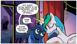 Size: 1302x750 | Tagged: safe, artist:andy price, idw, official comic, observer (g4), princess celestia, princess luna, alicorn, pony, g4, reflections, spoiler:comic, spoiler:comic20, bandage, bandaid, cute, cutelestia, dialogue, duo, eyes closed, female, floppy ears, heart, horn, horns are touching, looking up, lunabetes, mare, missing accessory, royal sisters, sibling love, siblings, sisterly love, sisters, smiling, speech bubble