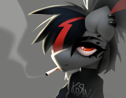 Size: 2080x1620 | Tagged: safe, artist:rtootb, oc, oc only, oc:era, pegasus, pony, angle, angry, black mane, cigarette, digital art, female, gray background, korn, lightning, looking at you, looking up, mare, pegasus oc, piercing, ponytail, simple background, smoke, smoking, solo