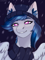 Size: 1620x2160 | Tagged: safe, artist:enderbee, oc, oc only, oc:engel, bat pony, pegasus, pony, bust, clothes, commission, ear fluff, fangs, floppy ears, hat, portrait, scarf, simple background, smiling, snow, snowfall, white pupils, ych result