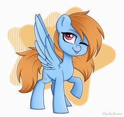 Size: 2193x2082 | Tagged: safe, artist:madelinne, oc, oc only, oc:comet dasher, pegasus, pony, :p, abstract background, full body, high res, hooves, male, one eye closed, pegasus oc, raised hoof, red hair, signature, solo, spread wings, stallion, standing, tongue out, wings