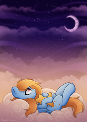 Size: 2000x2800 | Tagged: safe, artist:madelinne, oc, oc only, oc:comet dasher, pegasus, pony, cloud, high res, male, moon, sky, solo, stallion, stars, sunset