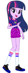 Size: 576x1484 | Tagged: safe, artist:ajosterio, twilight sparkle, human, equestria girls, g4, belt, camp everfree logo, camp everfree outfits, clothes, clothes swap, collar, denim, denim shorts, female, full body, looking at you, open mouth, open smile, pockets, shirt, shoes, shorts, simple background, smiling, socks, solo, transparent background