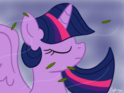 Size: 1024x768 | Tagged: safe, artist:thebrokencog, twilight sparkle, alicorn, pony, g4, eyes closed, leaves, twilight sparkle (alicorn), wind, windswept mane