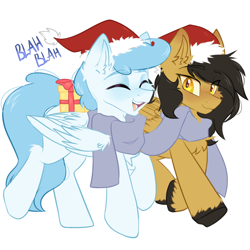 Size: 1000x1000 | Tagged: safe, artist:thieftea, oc, oc only, oc:crisom chin, oc:file folder, pegasus, pony, christmas, clothes, commission, hat, holiday, male, present, santa hat, scarf, shared clothing, shared scarf, simple background, stallion, white background, ych result