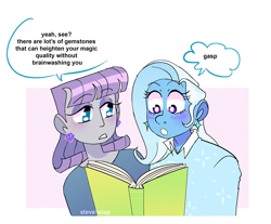 Size: 1500x1243 | Tagged: safe, artist:stevetwisp, maud pie, trixie, human, equestria girls, g4, blushing, book, clothes, dialogue, ear piercing, earring, eyelashes, female, gasp, jewelry, lesbian, piercing, ship:mauxie, shipping, shirt, simple background