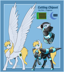 Size: 4460x5000 | Tagged: safe, artist:parrpitched, oc, oc only, oc:cutting chipset, pegasus, pony, bound wings, clothes, concave belly, fireheart76's latex suit design, hypno eyes, hypnosis, impossibly large wings, large wings, latex, latex mask, latex suit, male, prisoners of the moon, pronouns, reference sheet, rubber, rubber suit, slender, solo, spread wings, stallion, thin, visor, wings