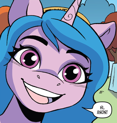 Size: 868x910 | Tagged: safe, edit, idw, official comic, izzy moonbow, pony, unicorn, g5, spoiler:comic, spoiler:g5comic, spoiler:g5comic07, female, hi anon, mare, meme, open mouth, smiling
