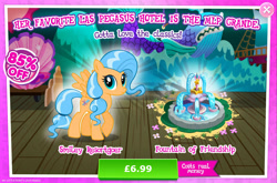 Size: 1964x1298 | Tagged: safe, gameloft, dusty swift, pegasus, pony, g4, advertisement, background character, background pony, costs real money, english, female, flower, fountain, introduction card, las pegasus resident, mare, numbers, sale, solo, spread wings, text, wings