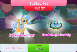 Size: 1266x856 | Tagged: safe, gameloft, dusty swift, pegasus, pony, g4, my little pony: magic princess, background character, background pony, bundle, costs real money, english, fabled set, female, flower, fountain, las pegasus resident, mare, numbers, sale, solo, spread wings, stage, text, wings