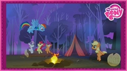 Size: 1920x1080 | Tagged: safe, edit, edited screencap, screencap, apple bloom, applejack, rainbow dash, scootaloo, sweetie belle, earth pony, pegasus, pony, unicorn, g4, sleepless in ponyville, 2012, campfire, camping, female, filly, fire, foal, logo, mare, my little pony logo, preview, tent
