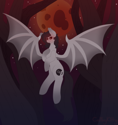 Size: 4504x4784 | Tagged: safe, artist:calibykitty, oc, oc:cream oreo cake, bat pony, pony, bat wings, black hair, black mane, blood moon, fanart, fangs, forest, glowing, glowing eyes, gray coat, halloween, holiday, hoof on chest, lidded eyes, looking at you, moon, old art, red eyes, red sky, slit pupils, smiling, smiling at you, smirk, solo, spooky, transformation, tree, wings