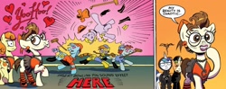 Size: 1334x526 | Tagged: safe, artist:andypriceart, idw, official comic, buck withers, gaffer, gizmo, orange harvest, shining armor, earth pony, pony, unicorn, g4, neigh anything, spoiler:comic, spoiler:comic11, cheerleader, cheerleader outfit, clothes, crossdressing, dialogue, emanata, female, group, heart, heart eyes, male, mare, onomatopoeia, speech bubble, stallion, teenage shining armor, unnamed character, unnamed pony, wingding eyes