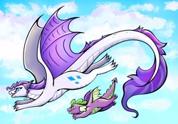 Size: 2360x1640 | Tagged: source needed, safe, artist:dragongirl596, rarity, spike, dragon, g4, dragoness, dragonified, duo, female, flying, happy, raridragon, sky, sky background, species swap