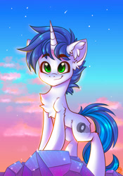 Size: 1668x2388 | Tagged: safe, artist:falafeljake, oc, oc only, oc:shifting gear, pony, unicorn, chest fluff, crystal, ear fluff, male, multicolored tail, solo, stallion, sunset, tail
