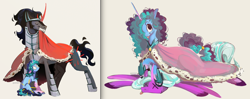 Size: 1660x658 | Tagged: safe, artist:coypuppy, king sombra, misty brightdawn, opaline arcana, alicorn, pony, unicorn, g4, g5, my little pony: make your mark, spoiler:g5, blank flank, signature, simple background, tongue out, white background, x eyes