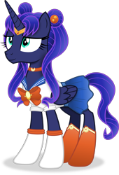 Size: 3266x4799 | Tagged: safe, artist:anime-equestria, princess luna, alicorn, pony, g4, alternate hairstyle, boots, clothes, cosplay, costume, crossover, female, gloves, headband, high res, horn, jewelry, necklace, outfit, ribbon, sailor moon, sailor moon (series), sailor senshi, sailor uniform, shoes, simple background, smiling, solo, transparent background, tsukino usagi, uniform, vector, wings
