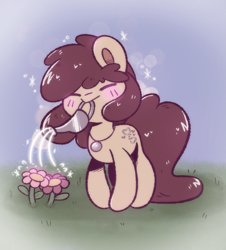 Size: 945x1046 | Tagged: safe, artist:typhwosion, oc, oc only, oc:louvely, earth pony, pony, commission, flower, solo, watering can
