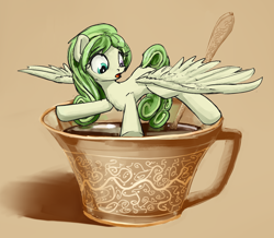 Size: 2684x2337 | Tagged: safe, artist:uteuk, oc, oc only, oc:teadrop, pegasus, pony, coffee, coffee cup, cup, cup of pony, female, heterochromia, high res, micro, simple background, solo, spoon