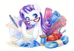 Size: 1448x1000 | Tagged: safe, artist:maytee, part of a set, rarity, pony, unicorn, g4, cute, fabric, gem, glasses, knitting needles, raribetes, simple background, solo, thread, traditional art, white background, yarn