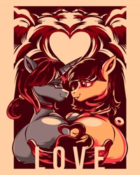 Size: 3277x4096 | Tagged: safe, artist:poxy_boxy, oc, oc only, earth pony, pony, unicorn, butt, commission, duo, heart, limited palette, looking at each other, looking at someone, oc x oc, plot, shipping