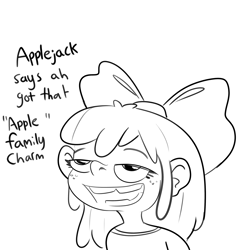 Size: 2312x2388 | Tagged: safe, artist:tjpones, apple bloom, human, g4, black and white, freckles, grayscale, high res, humanized, lidded eyes, monochrome, open mouth, open smile, simple background, smiling, solo, traditional art, white background