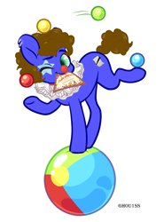 Size: 700x945 | Tagged: safe, artist:ghou1ss, oc, oc:silly scribe, earth pony, pony, ball, clown, clown makeup, clown nose, commission, earth pony oc, juggling, one eye closed, open mouth, red nose, simple background, solo, standing on two hooves, white background, wink, ych result