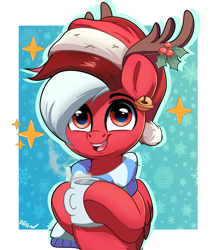 Size: 1529x1794 | Tagged: safe, artist:joaothejohn, oc, oc only, oc:flamebrush, pegasus, pony, christmas, clothes, cute, eyebrows, fake antlers, hat, holiday, holly, hoof hold, hot drink, looking at you, mug, ocbetes, open mouth, open smile, pegasus oc, santa hat, scarf, simple background, smiling, smiling at you, solo, wings