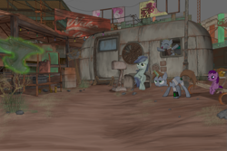Size: 1095x730 | Tagged: safe, artist:dddromm, derpy hooves, oc, oc:littlepip, earth pony, ghoul, pegasus, pony, undead, unicorn, fallout equestria, g4, absolutely everything, anvil, bandage, fanfic art, magic, new appleloosa, nuka cola, pipbuck, sitting, telekinesis