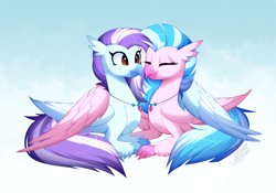 Size: 3402x2377 | Tagged: source needed, useless source url, safe, artist:scarlet-spectrum, silverstream, oc, oc:ocean breeze (savygriffs), hippogriff, g4, canon x oc, cuddling, cute, duo, female, high res, hippogriff oc, hug, lesbian, ship:oceanstream, shipping, slender, thin, winghug, wings