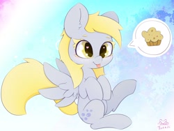 Size: 4000x3000 | Tagged: safe, artist:zokkili, derpy hooves, pegasus, pony, g4, :p, abstract background, cute, derpabetes, female, food, high res, muffin, obligatory muffin, solo, speech bubble, spread wings, tongue out, wings