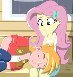 Size: 2196x2312 | Tagged: safe, artist:dashdeviant, big macintosh, fluttershy, human, equestria girls, g4, bench, cute, duo, female, hand on head, head on lap, high res, lying down, male, ship:fluttermac, shipping, signature, sitting, sleeping, straight