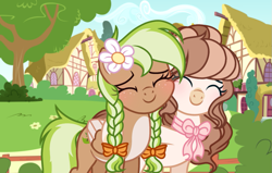 Size: 1063x675 | Tagged: safe, artist:cstrawberrymilk, oc, oc only, oc:strawberry milk, oc:sylvia evergreen, pegasus, pony, g4, blushing, bow, braid, braided pigtails, duo, eyes closed, female, flower, flower in hair, freckles, hair bun, hair tie, hug, mare, pegasus oc, pigtails, smiling, wings