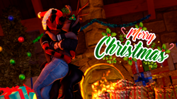 Size: 3840x2160 | Tagged: safe, oc, oc only, anthro, 3d, christmas, christmas tree, duo, eyes closed, fireplace, high res, holiday, hug, kissing, merry christmas, present, source filmmaker, tree