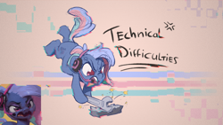 Size: 1920x1080 | Tagged: safe, artist:assasinmonkey, oc, oc only, oc:bit rate, earth pony, pony, angry, ears back, female, gamer, headset, mare, not luna, open mouth, pain star, scan lines, smashing, solo, technical difficulties, wrench, yelling