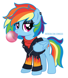 Size: 875x1000 | Tagged: safe, artist:jennieoo, rainbow dash, pegasus, pony, g4, backwards cutie mark, bubblegum, clothes, ear piercing, eyeshadow, female, food, gift art, gum, jacket, leather, leather jacket, makeup, mare, patreon, patreon reward, piercing, punk, rock, show accurate, simple background, solo, transparent background, vector