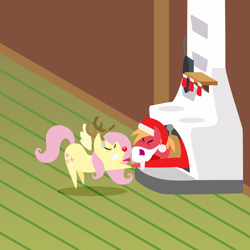 Size: 2160x2160 | Tagged: safe, anonymous artist, big macintosh, fluttershy, earth pony, pegasus, pony, series:fm holidays, series:hearth's warming advent calendar 2022, g4, advent calendar, animal costume, christmas, christmas stocking, clothes, costume, duo, eyes closed, fake antlers, fake beard, female, fireplace, fluttershy's cottage, frown, hat, high res, holiday, lineless, male, mare, pointy ponies, pulling, red nose, reindeer costume, santa costume, santa hat, ship:fluttermac, shipping, stallion, straight, stuck