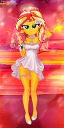 Size: 669x1332 | Tagged: safe, artist:charliexe, sunset shimmer, human, equestria girls, g4, bedroom eyes, breasts, bride, choker, clothes, cute, dress, female, flats, flower, looking at you, reasonably sized breasts, shimmerbetes, shoes, solo, wedding dress