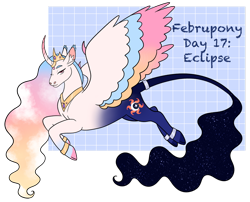 Size: 1280x1035 | Tagged: safe, artist:s0ftserve, princess celestia, princess luna, pony, g4, cloven hooves, colored wings, curved horn, ear fluff, fusion, horn, leonine tail, multicolored wings, simple background, solo, tail, transparent background, wings