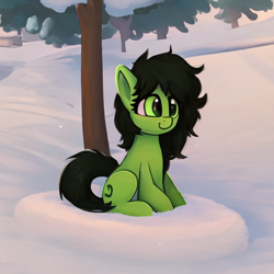 Size: 512x512 | Tagged: safe, artist:rainbowkek, machine learning assisted, oc, oc:filly anon, pony, pony town, cute, female, filly, sitting, snow, solo, tree, winter