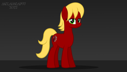 Size: 8000x4500 | Tagged: safe, artist:metalhead97, oc, oc:arkansas black, unicorn, commission, gradient background, lidded eyes, looking at you, presenting, smiling, smiling at you, standing, tail, yellow mane, yellow tail