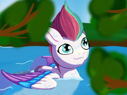 Size: 2048x1536 | Tagged: safe, artist:the crystal artist, derpibooru exclusive, zipp storm, pegasus, pony, g5, adorazipp, branches, coloured wings, cute, female, happy, lake, lineless, looking up, mare, partly submerged, peaceful, reflection, shading, smiling, solo, spread wings, tree branch, water, wet, wingding eyes, wings