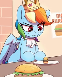 Size: 1925x2391 | Tagged: safe, artist:pabbley, rainbow dash, pegasus, pony, burger, burger king, female, food, mare, meat, paper crown, ponies eating meat, rainbow dash is not amused, solo, unamused