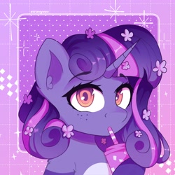 Size: 3000x3000 | Tagged: safe, artist:stravy_vox, oc, oc:cherrnichka, pony, unicorn, abstract background, female, flower, flower in hair, high res, horn, looking at you, mare