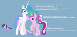 Size: 1978x960 | Tagged: safe, artist:drasill, princess cadance, princess celestia, twilight sparkle, alicorn, butt, dialogue, diaper, diaper fetish, ear fluff, female, fetish, filly, filly twilight sparkle, foal, no mouth, raised hoof, simple background, teen princess cadance, this will end in diapers, younger