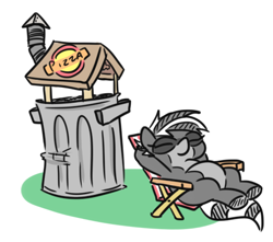 Size: 464x410 | Tagged: safe, artist:jargon scott, oc, oc only, oc:bandy cyoot, hybrid, pony, raccoon, raccoon pony, chair, eyes closed, female, hooves behind head, lawn chair, mare, pizza box, simple background, sitting, solo, trash can, white background