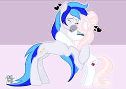 Size: 2360x1666 | Tagged: safe, artist:mommymidday, oc, oc only, oc:hooklined, oc:mommy midday, earth pony, pony, unicorn, g4, eyelashes, eyeshadow, female, heart, height difference, hug, makeup, mare, markings, show accurate, signature, simple background