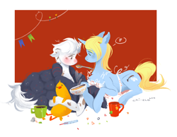Size: 2894x2243 | Tagged: safe, artist:chi-eca, artist:hichieca, oc, oc only, oc:art's desire, pony, unicorn, blanket, blushing, cup, duo, high res, sick, spoon, thermometer