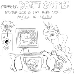 Size: 1600x1600 | Tagged: safe, artist:mellodillo, princess celestia, princess luna, tiberius, alicorn, opossum, pony, g4, black and white, butt, computer, female, grayscale, hamster wheel, mare, monochrome, plot, running, siblings, simple background, sisters, sitting, speech bubble, text, white background, yelling