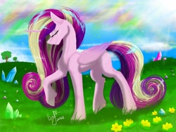 Size: 1600x1200 | Tagged: safe, artist:vera2002, princess cadance, alicorn, pony, g4, concave belly, crystal, eyes closed, female, folded wings, grass, hoof fluff, long mane, long tail, mare, missing accessory, outdoors, raised hoof, slender, solo, sternocleidomastoid, tail, thin, wings